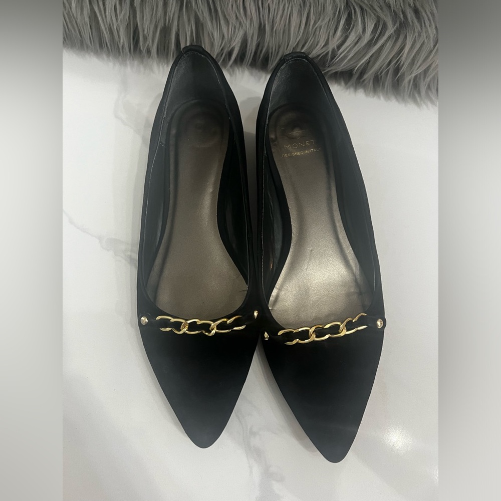 Monet Flat Suede Shoes Black With Gold Chain Accent